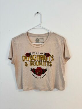Doughnuts & Deadlifts Graphic Tee - Beige with Red & Yellow Print